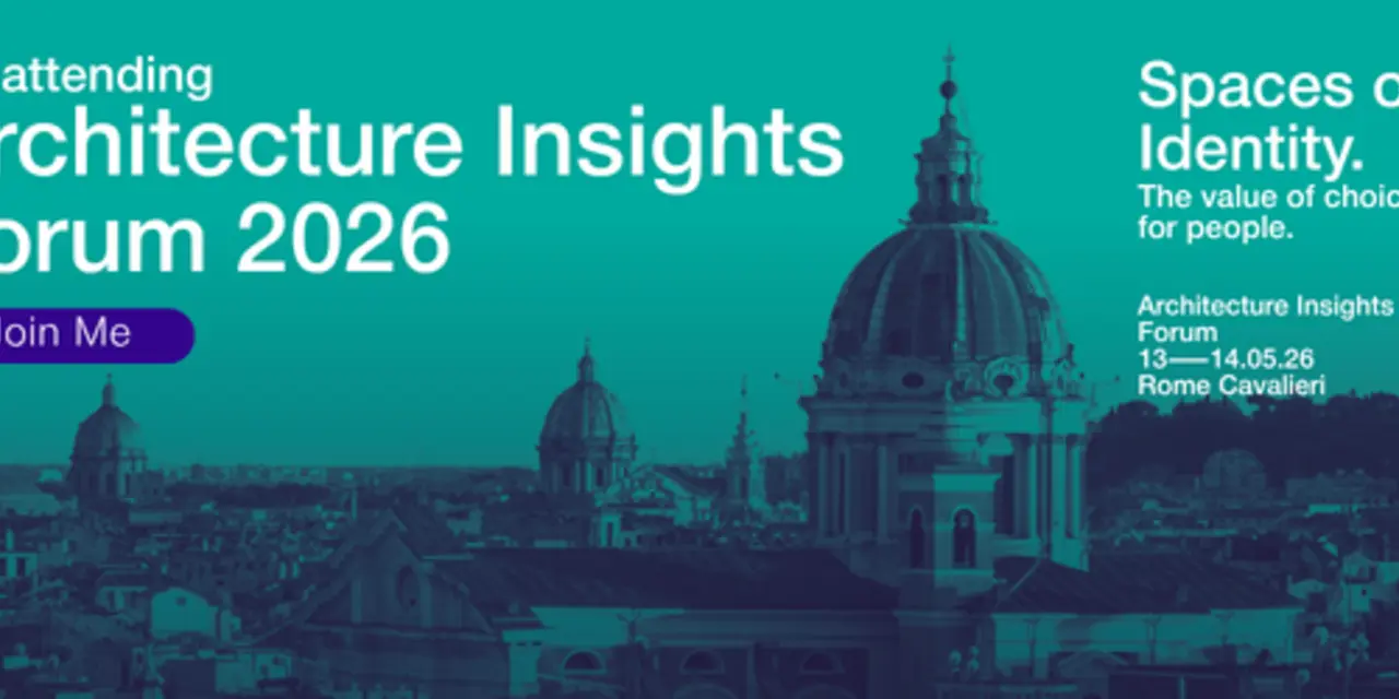 Immagine di una città con una cupola prominente in primo piano, accompagnata da informazioni sull'evento Architecture Insights Forum 2026.